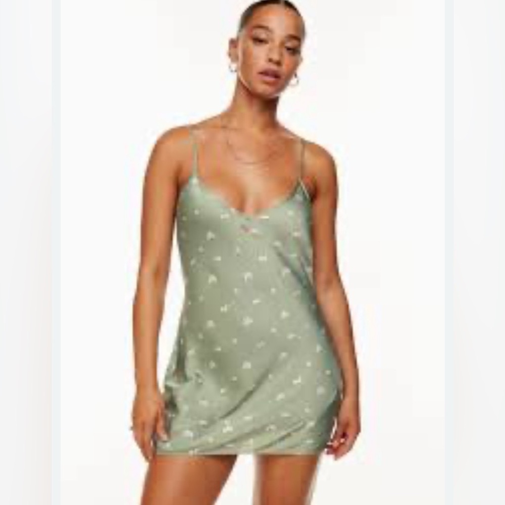 WILFRED Sz L Slip Mini Dress Green Sateen Slip Dress Spaghetti Straps by Aritzia
